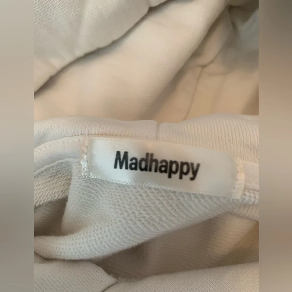 Mad Happy White Hoodie w/Red in front & multicolored on Sleeve. Small - Picture 3 of 4